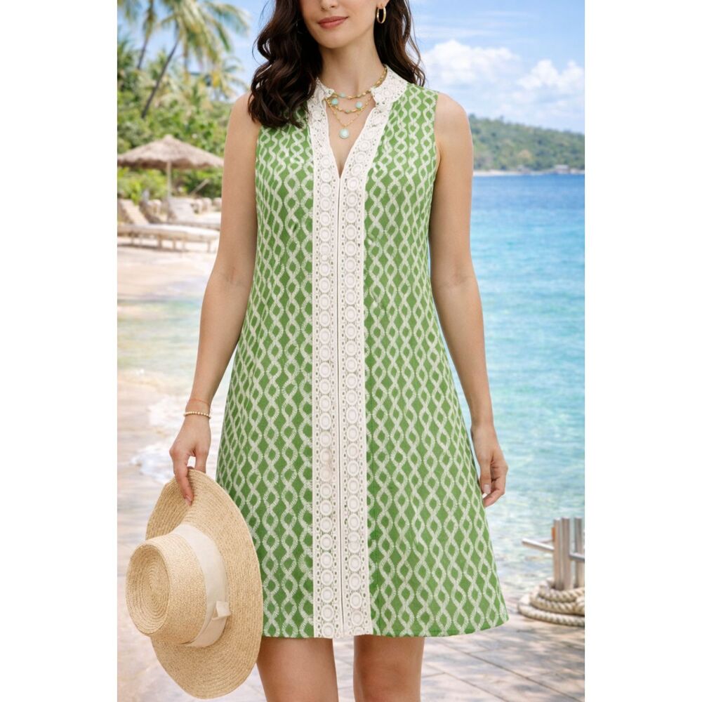 Rock Flower Paper Cotton Tunic Dress L Green Geometric Lace Trim Resort Vacation